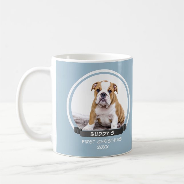 Cute Blue Puppy 1st Christmas Dog Photo Mug (Left)