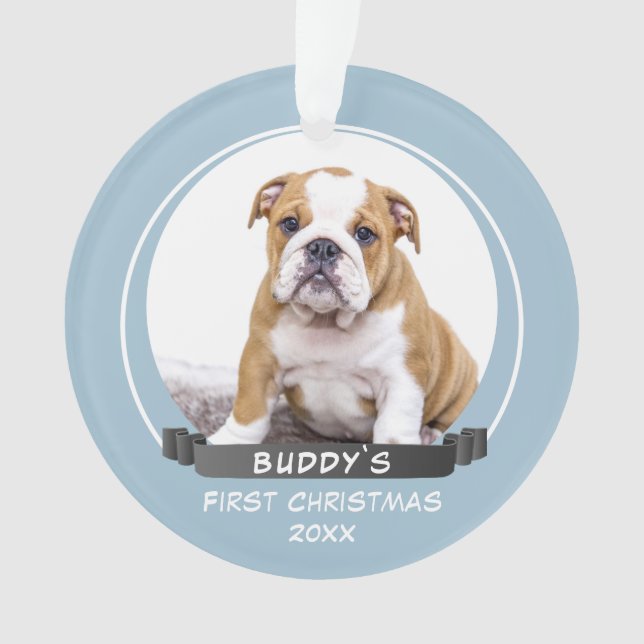 Cute Blue Puppy 1st Christmas Dog Photo Ornament (Front)