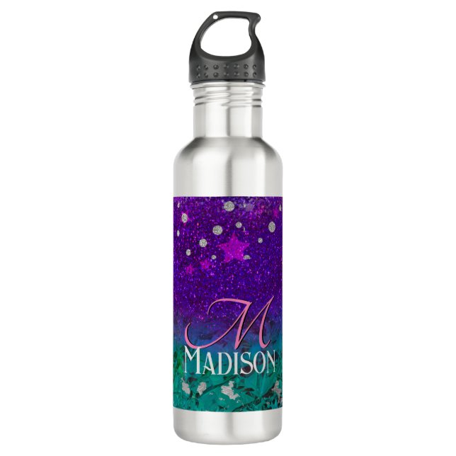 Cute blue purple ombre glitter monogram 710 ml water bottle (Front)