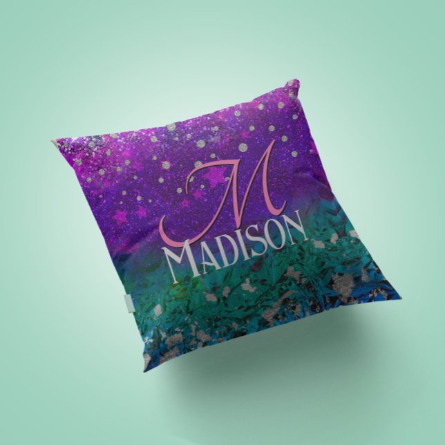 Cute blue purple ombre glitter monogram cushion (Creator Uploaded)