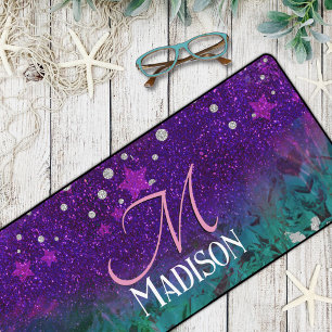 Cute blue purple ombre glitter monogram desk mat