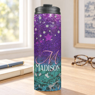 Cute blue purple ombre glitter monogram thermal tumbler