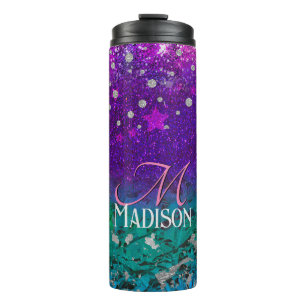 Cute blue purple ombre glitter monogram thermal tumbler