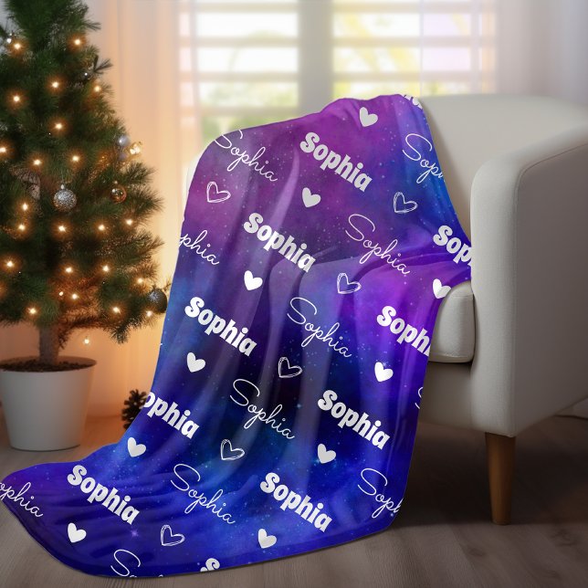 Cute blue purple repeating name personalised fleece blanket (Creator Uploaded)
