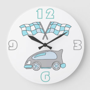 Cute Blue Race Car and Race Flags Boy Large Clock