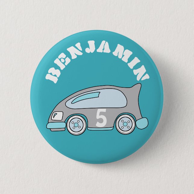 Cute Blue Race Car Birthday Button with Name (Front)