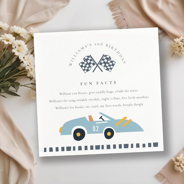 Cute Blue Race Car Kids Any Age Birthday Fun Facts Napkin (Creator Uploaded)