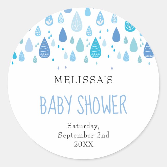 Cute Blue Raindrops Baby Shower / Sprinkle Classic Round Sticker (Front)