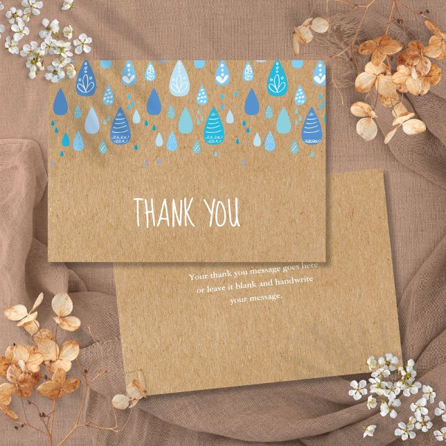 Cute Blue Raindrops Boho Rustic Kraft Stylish Thank You Card (Cute Blue Raindrops Boho Rustic Kraft Stylish Thank You Card)