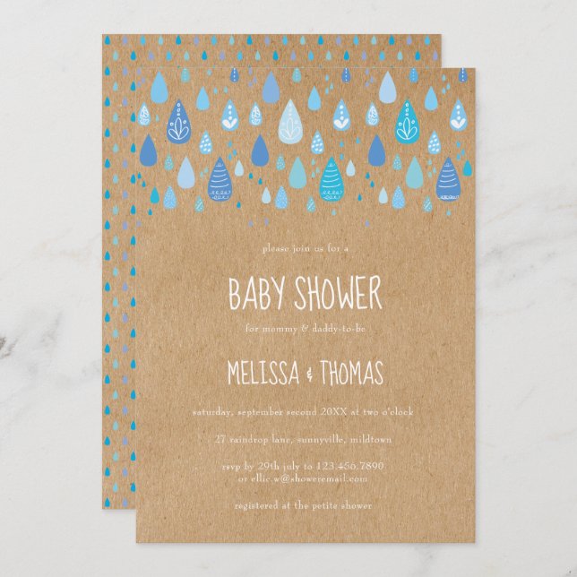 Cute Blue Raindrops Couples Baby Shower / Sprinkle Invitation (Front/Back)