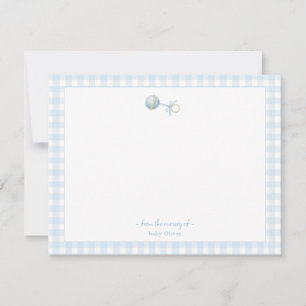 Cute Blue rattle with Gingham Border Baby boy  Thank You Card