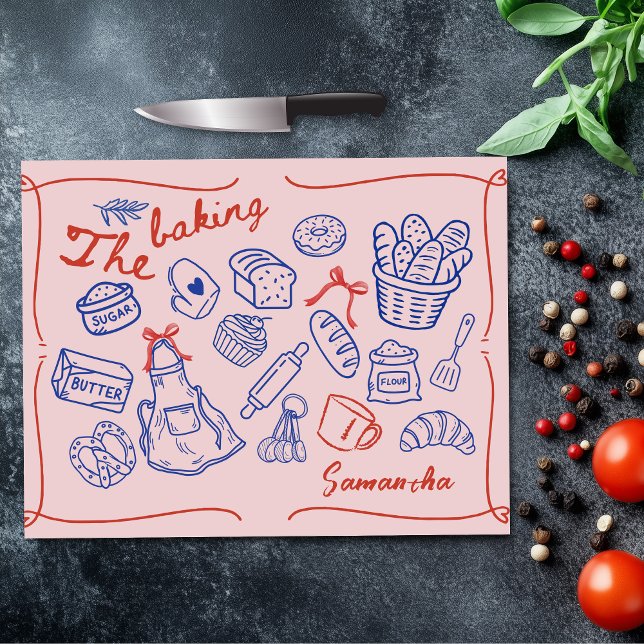 Cute blue red baking doodles personalized cutting board (Creator Uploaded)