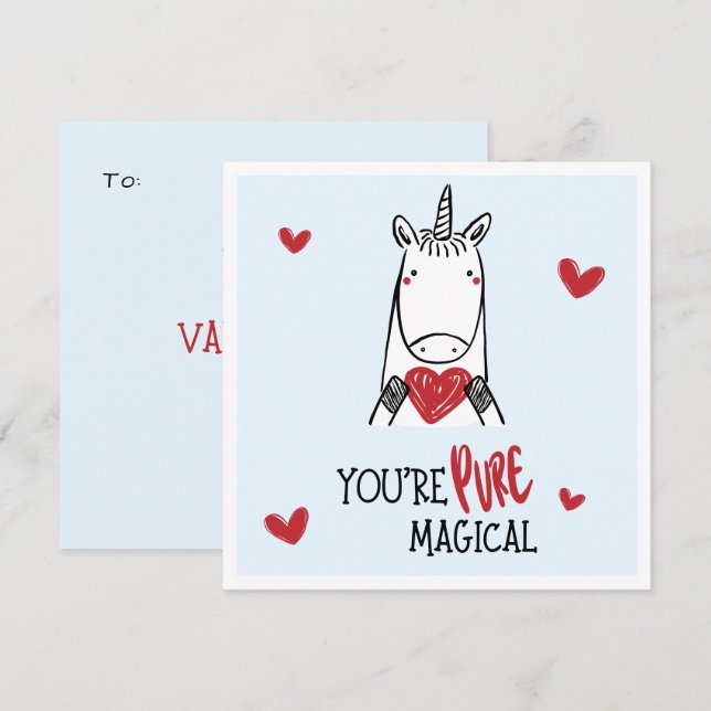 Cute Blue Red Hearts Unicorn Kids Valentine's Day Card (Front/Back)