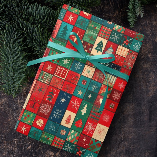 Cute blue red patchwork blocks wrapping paper (Creator Uploaded)