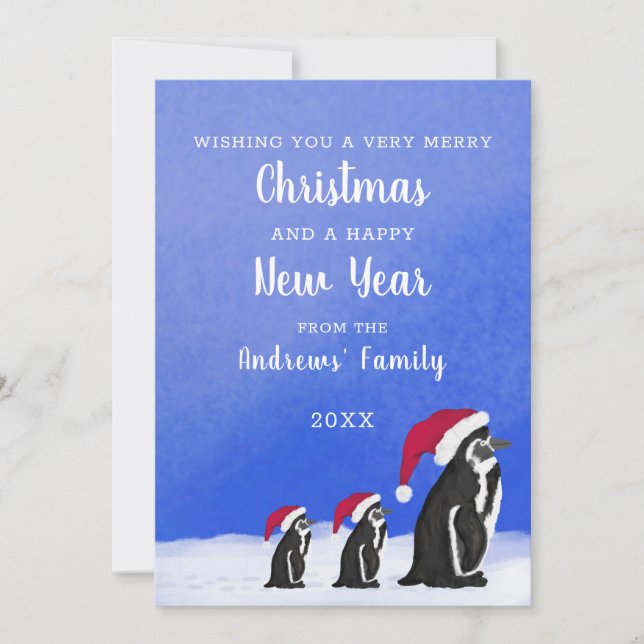 Cute Blue Red Penguin Santa Family Snowy Christmas Holiday Card (Front)