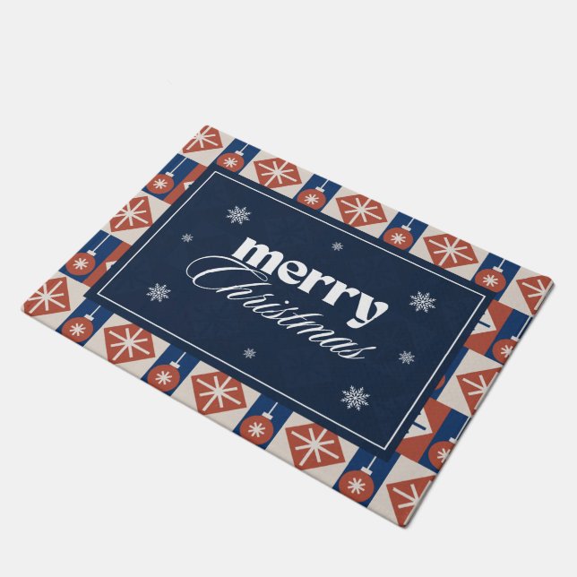 Cute Blue Red Snowflakes Merry Christmas Seasonal Doormat (Angled)