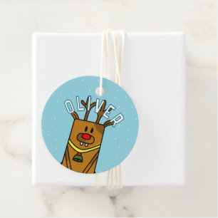 Cute Blue Reindeer Kid`s Name Christmas  Favour Tags