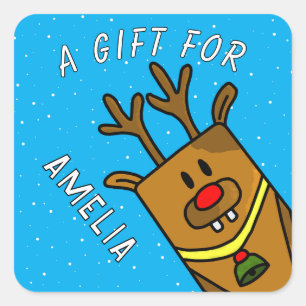 Cute Blue Reindeer Kid`s Name Christmas Gift Square Sticker