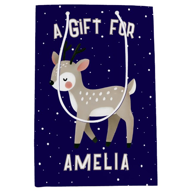 Cute Blue Reindeer Kid`s Name Christmas  Medium Gift Bag (Front)