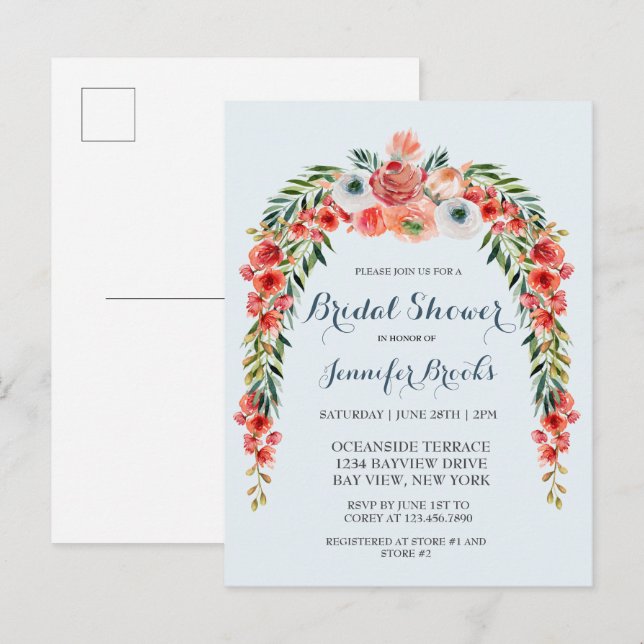 Cute Blue Retro Garden Floral Bridal Shower Invita Invitation Postcard (Front/Back)