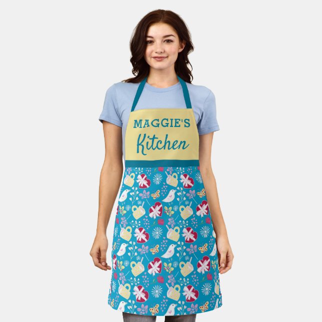 Cute Blue Retro Teacup Hearts Birds Pattern Womens Apron (Worn)