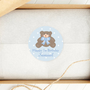 Cute Blue Ribbon Baby Teddy Bear First Birthday Classic Round Sticker