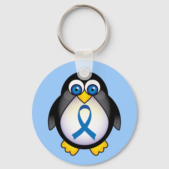 Cute Blue Ribbon Penguin Awareness Kechain Key Ring (Front)
