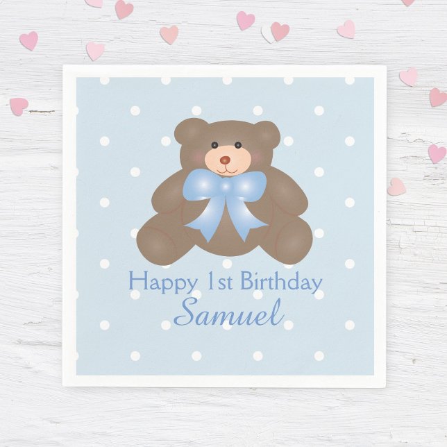 Cute Blue Ribbon Teddy Bear Boy Birthday Party Napkin (Creator Uploaded)