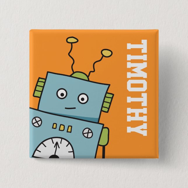 Cute Blue Robot with Personalised Name 15 Cm Square Badge (Front)