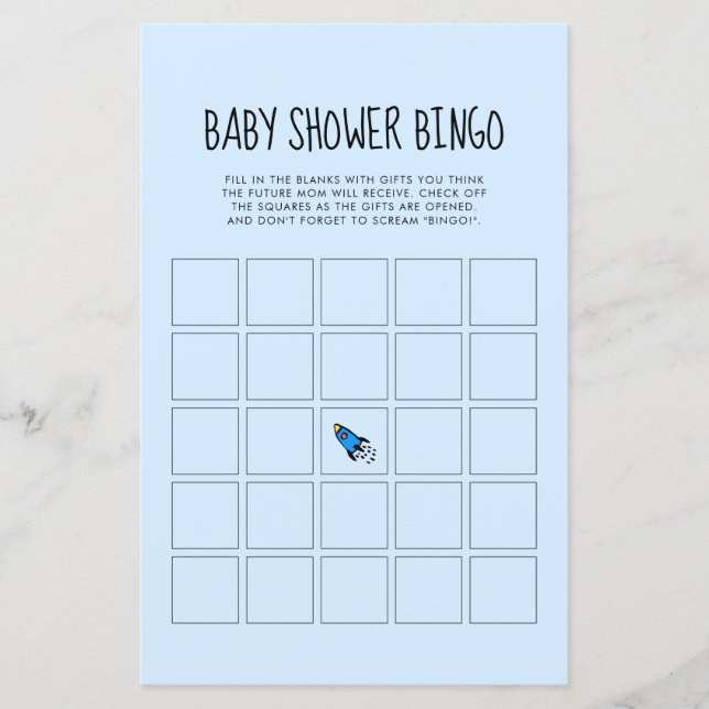 Cute blue rocket baby boy Baby shower Bingo game (Front)