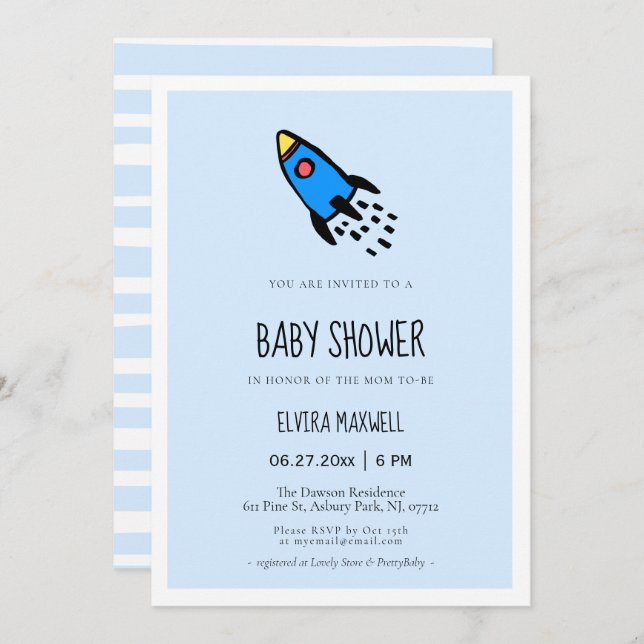 Cute blue rocket baby boy Baby shower Invitation (Front/Back)