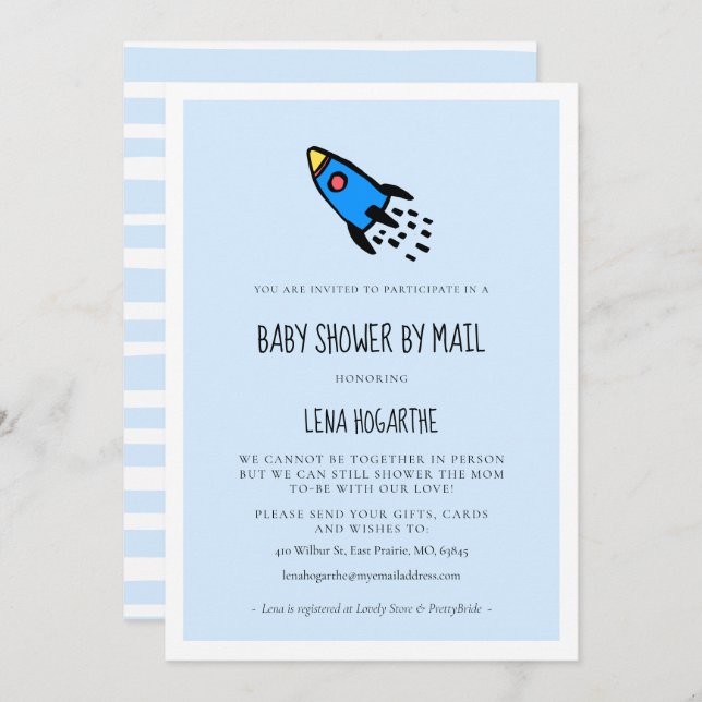 Cute blue rocket Boy Baby Shower by mail Invitation (Front/Back)