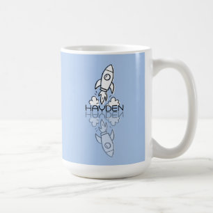 Cute Blue Rocket Reflection Doodle Custom Name Coffee Mug