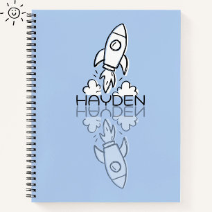 Cute Blue Rocket Reflection Doodle Custom Name  Notebook