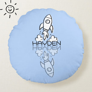 Cute Blue Rocket Reflection Doodle Custom Name  Round Cushion