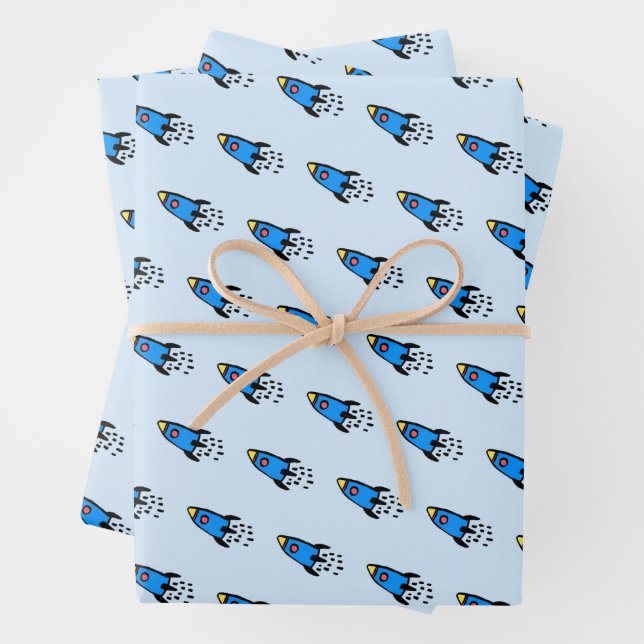 Cute blue rocket wrapping paper sheet (In situ)