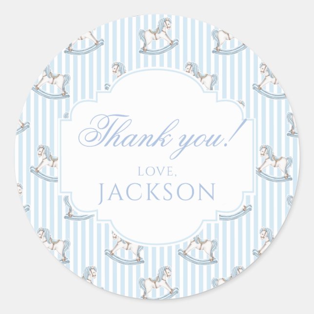Cute blue rocking horse birthday boy thank you classic round sticker (Front)