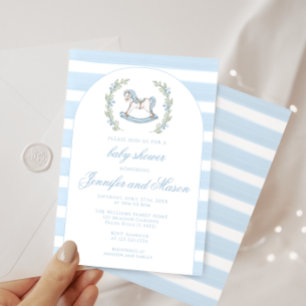Cute blue rocking horse bohemian baby boy shower invitation