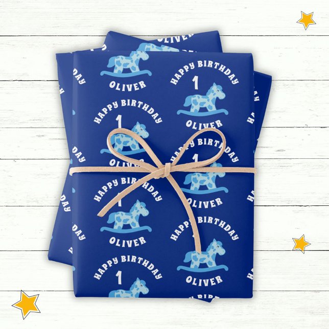 Cute Blue Rocking Horse Boy 1st Birthday  Wrapping Paper Sheet (Creator Uploaded)