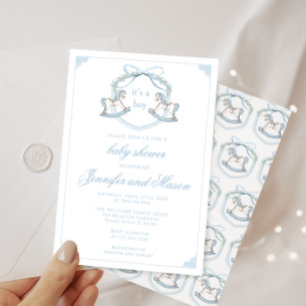Cute blue rocking horse crest boho baby boy shower invitation