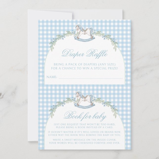 Cute Blue Rocking Horse Gingham Baby Boy Shower Invitation (Front)