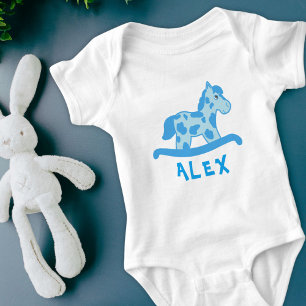 Cute Blue Rocking Horse Name Baby Bodysuit