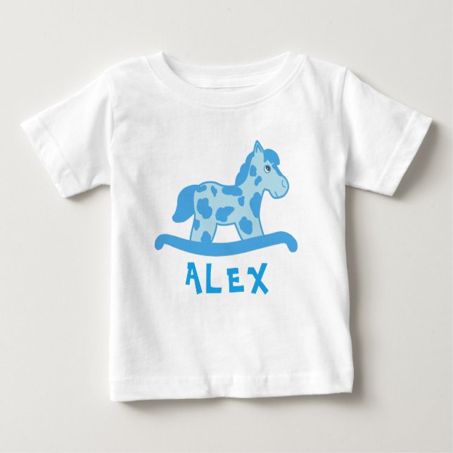 Cute Blue Rocking Horse Name Baby Boy T-Shirt (Front)