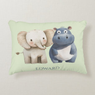 Cute Blue Safari Hippo & Elephant Decorative Cushion