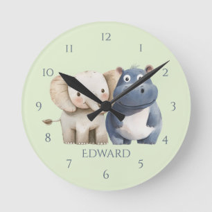 Cute Blue Safari Hippo & Elephant Wall Clock