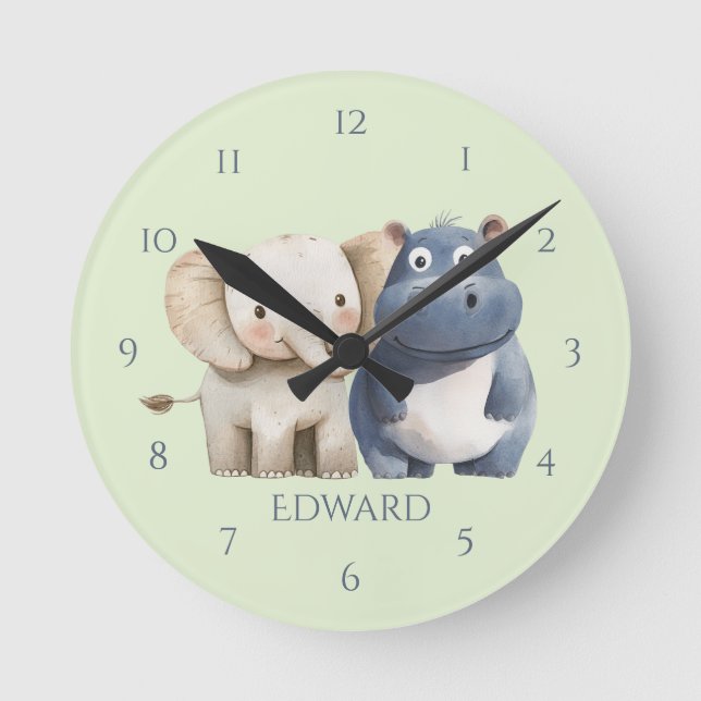 Cute Blue Safari Hippo & Elephant Wall Clock (Front)