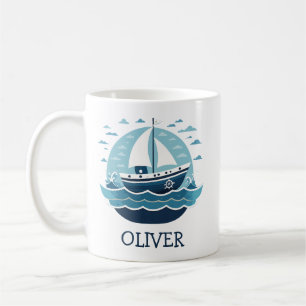 Cute Blue Sailboat at Sea Personalised Coffee Mug