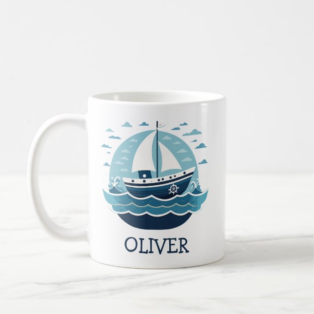 Cute Blue Sailboat at Sea Personalised Coffee Mug (Left)