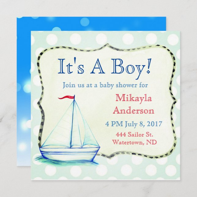 Cute Blue Sailboat Nautical Baby Shower Invitation (Front/Back)