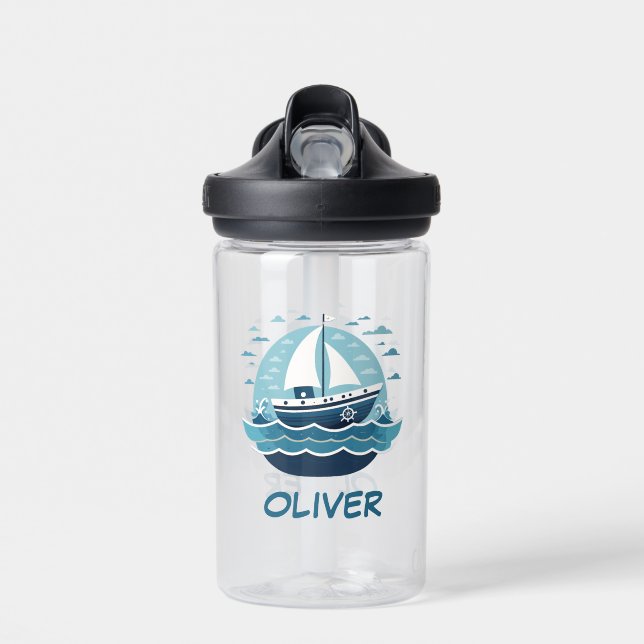 Cute Blue Sailboat Water Bottle (Front)